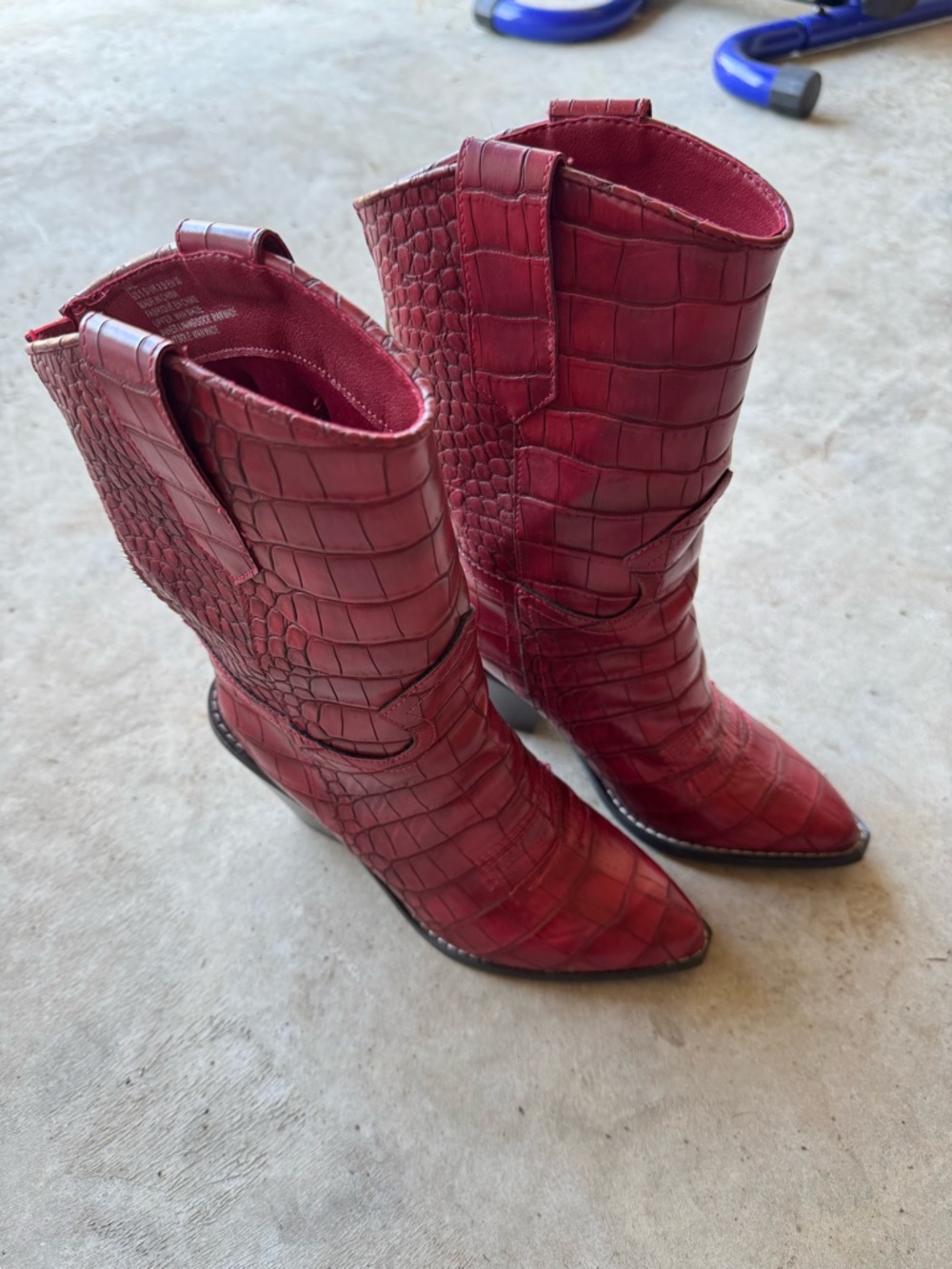 Croc-Embossed Red Mid-Calf Heeled Boots